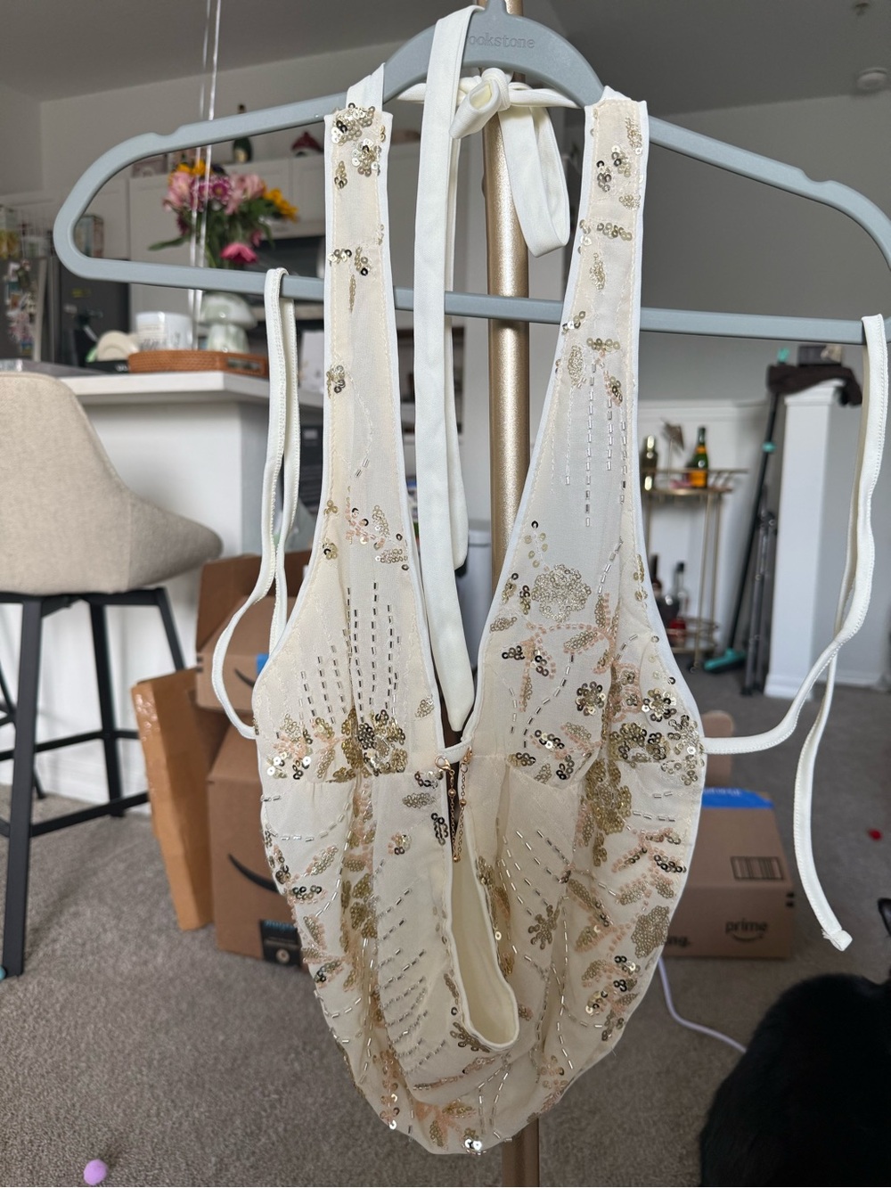 Sequin Embellished Ivory Halter Top